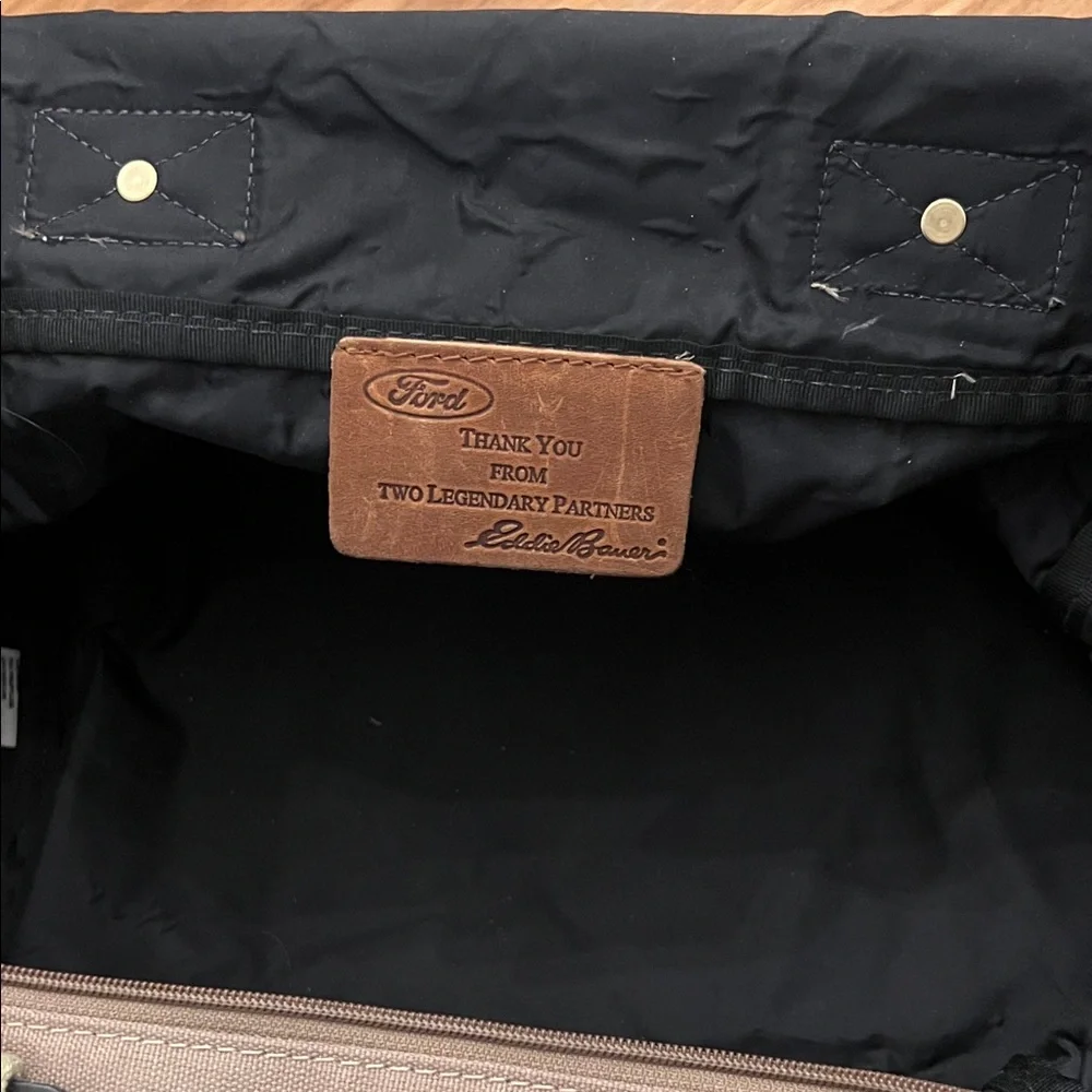 Eddie Bauer x Ford Tan Canvas Men's Duffle Bag Leather Details